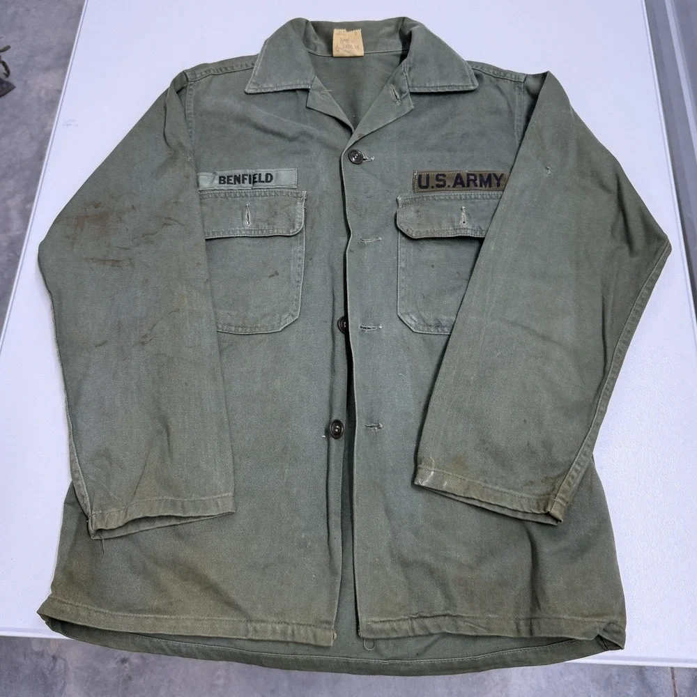 Trooper Fatigues Utility Shirt Mens Small Green Fair Distressed US Army Patch